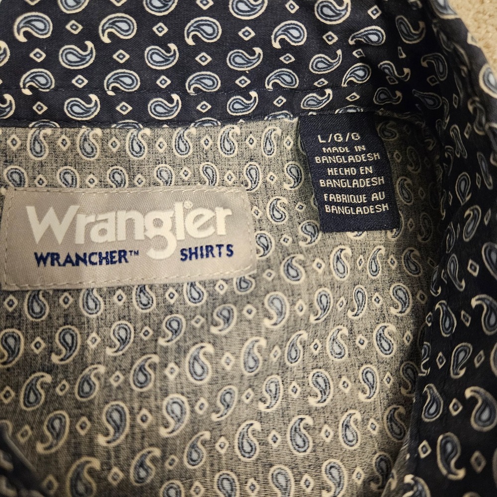 Wrangler Wrancher Pearl Snap Shirt Men's Large‎ L Blue White Paisley Western - Picture 5 of 7